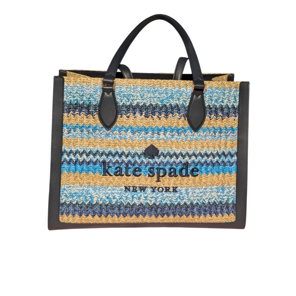 New Kate Spade ♠️ Ellie navy blue Stripe Straw Large Tote